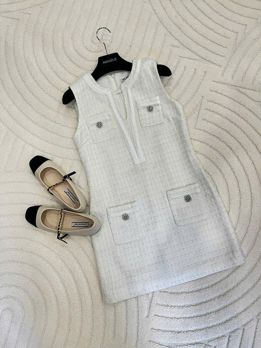 White V-neck tweed dress