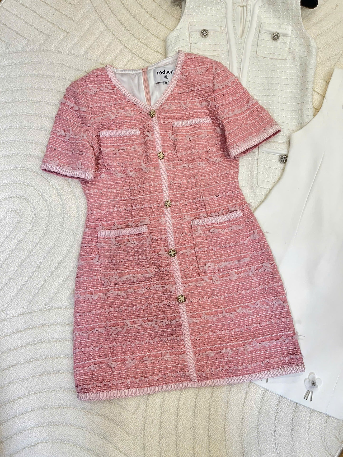 Pink tweed V-neck dress