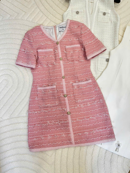 Pink tweed V-neck dress